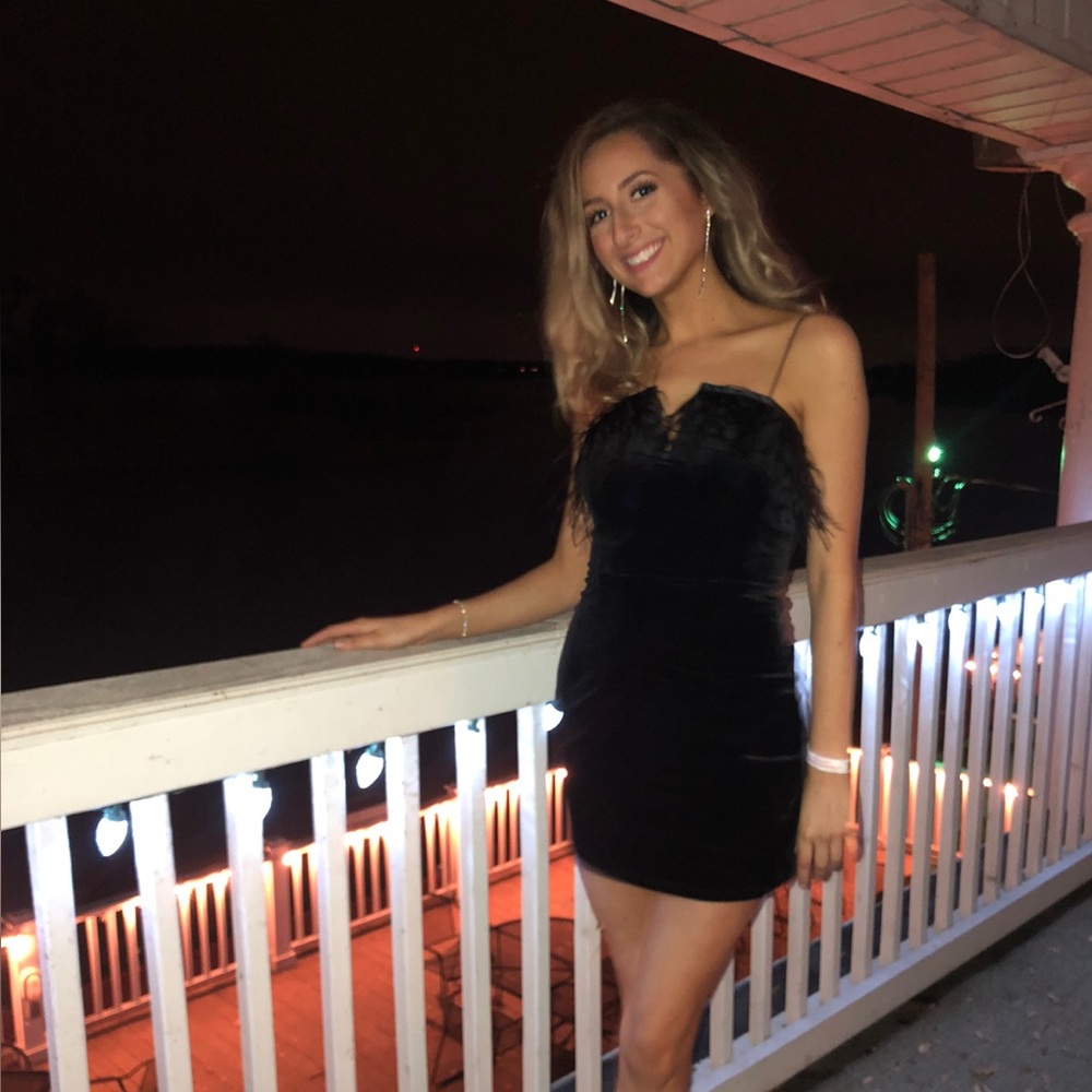 Black Feather Trim V-cut Velvet Mini Bodycon Dress